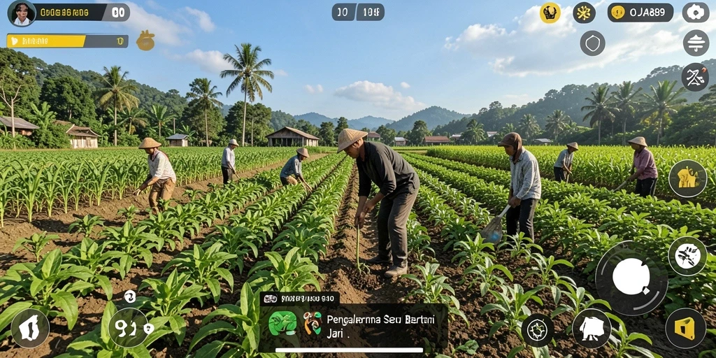 Tampilan gameplay <strong>OJA89</strong> yang menampilkan ladang hijau subur dan aktivitas bertani.